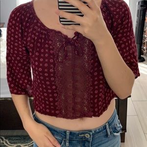 A cute burgundy flower printed blouse (: